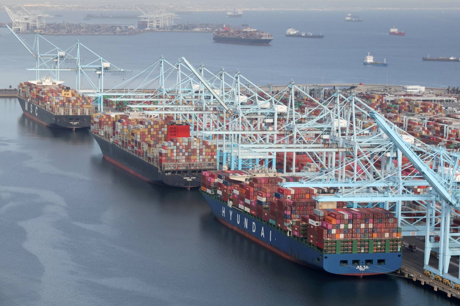 FILE PHOTO FILE PHOTO Shipping containers are unloaded from ships at a container terminal at the Port of Long Beach-Port of Los Angeles complex in Los Angeles - الصافي نيوز